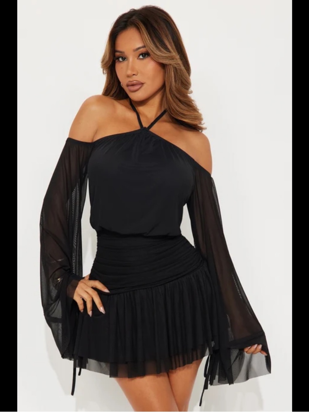 Black Off-Shoulder Halter Mesh Sleeve Mini Dress